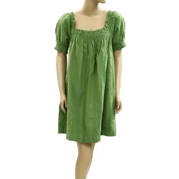 Free People Est Mila Mini Dress Smocked Puff Sleeve Shift Grasshopper L 285433 - Picture 7 of 8